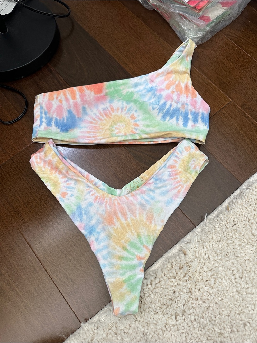 Skatie Tie-Dye One-Shoulder Bikini in Pastel Rainbow